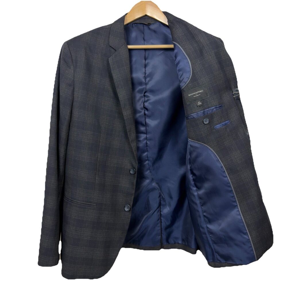 Banana Republic Tailored Fit Mens Blazer 44 Blue, Green Plaid Polyester Rayon